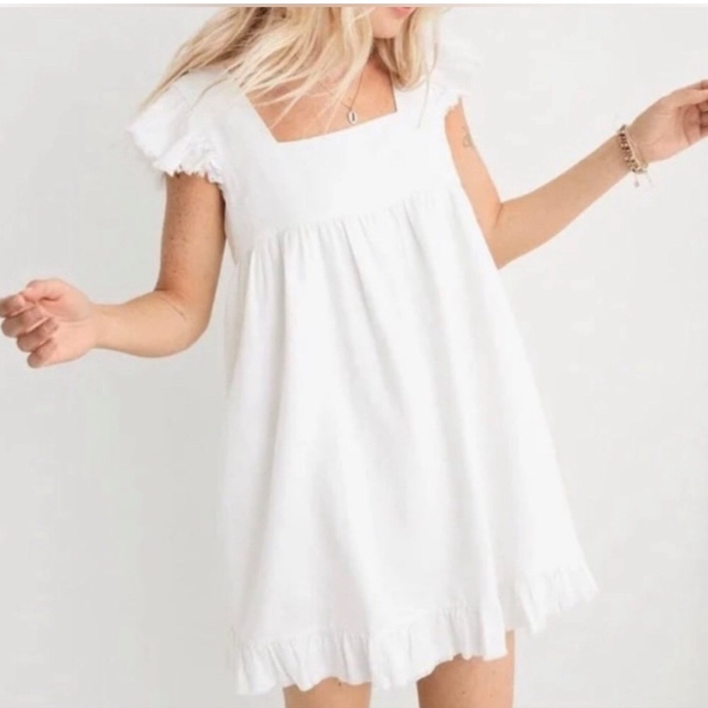 Aerie White Babydoll Dress Linen Womens Size L Flowy
